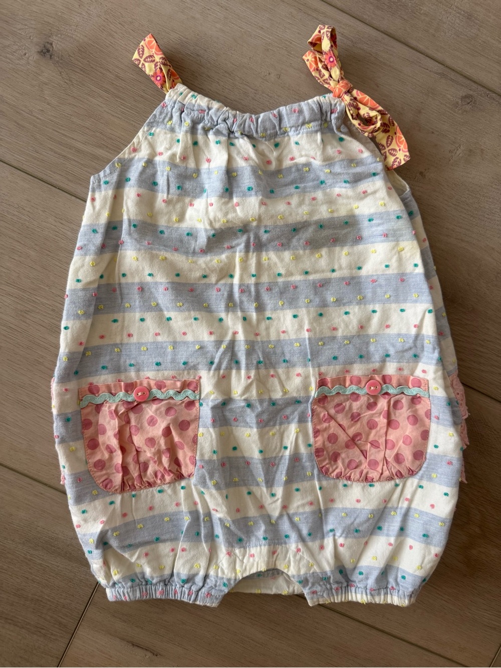 Matilda Jane Toddler Striped Polka-Dot Romper with Pink Pocket Accents